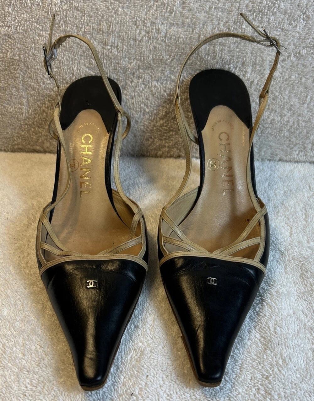 Classic Beige & Black Vintage Chanel Slingback Heels 38.5- US 8